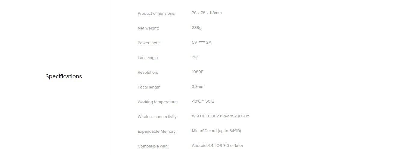 Specifications of the Mi Home Security Camera